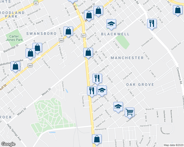 map of restaurants, bars, coffee shops, grocery stores, and more near 2110 Chicago Avenue in Richmond