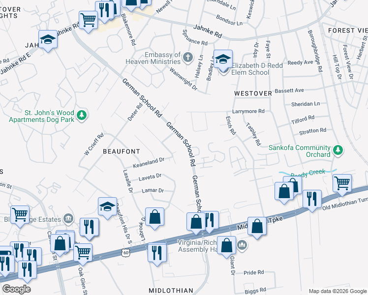 map of restaurants, bars, coffee shops, grocery stores, and more near 405 Labrook Drive in Richmond
