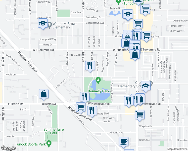 map of restaurants, bars, coffee shops, grocery stores, and more near 691 Pedras Road in Turlock