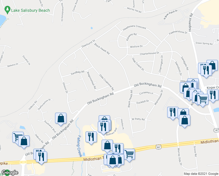 map of restaurants, bars, coffee shops, grocery stores, and more near 12301 Little Pond Lane in Midlothian