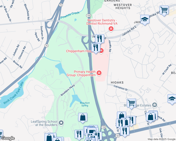map of restaurants, bars, coffee shops, grocery stores, and more near 1001 Boulder Springs Drive in Richmond