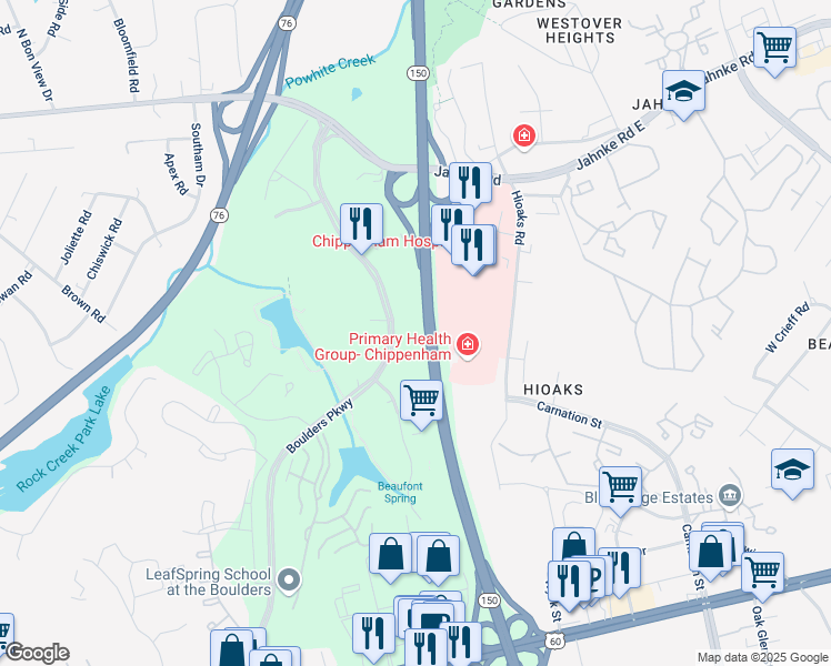 map of restaurants, bars, coffee shops, grocery stores, and more near 1001 Boulder Springs Drive in Richmond