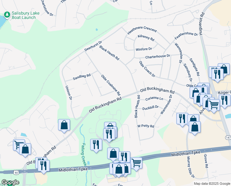 map of restaurants, bars, coffee shops, grocery stores, and more near 12301 Little Pond Lane in Midlothian