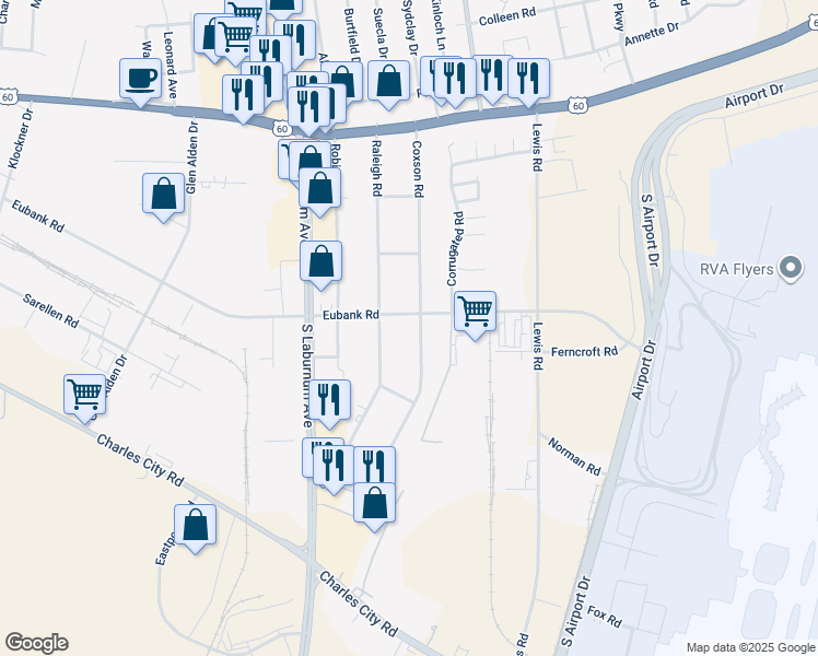 map of restaurants, bars, coffee shops, grocery stores, and more near 5402 Coxson Road in Richmond