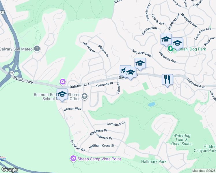map of restaurants, bars, coffee shops, grocery stores, and more near 1105 Tahoe Drive in Belmont