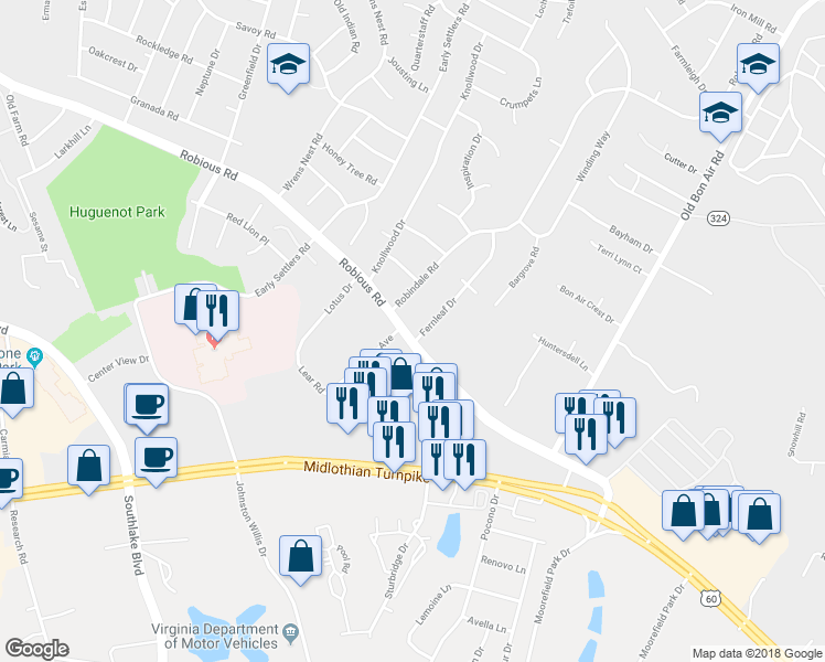 map of restaurants, bars, coffee shops, grocery stores, and more near 1200 Fernleaf Drive in Richmond