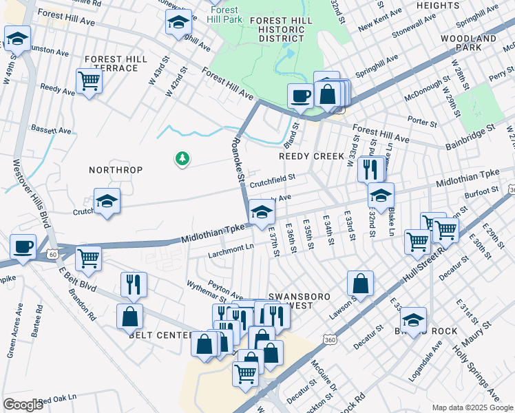 map of restaurants, bars, coffee shops, grocery stores, and more near 3716 Moody Avenue in Richmond