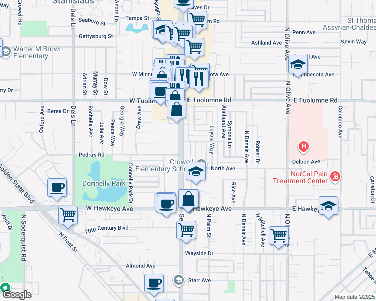 map of restaurants, bars, coffee shops, grocery stores, and more near 1931 Asbury Court in Turlock