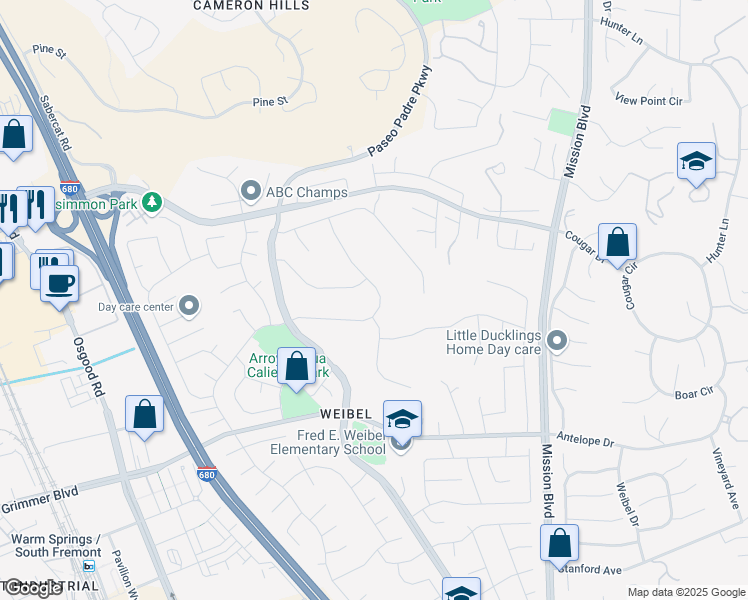 map of restaurants, bars, coffee shops, grocery stores, and more near 44555 Parkmeadow Drive in Fremont