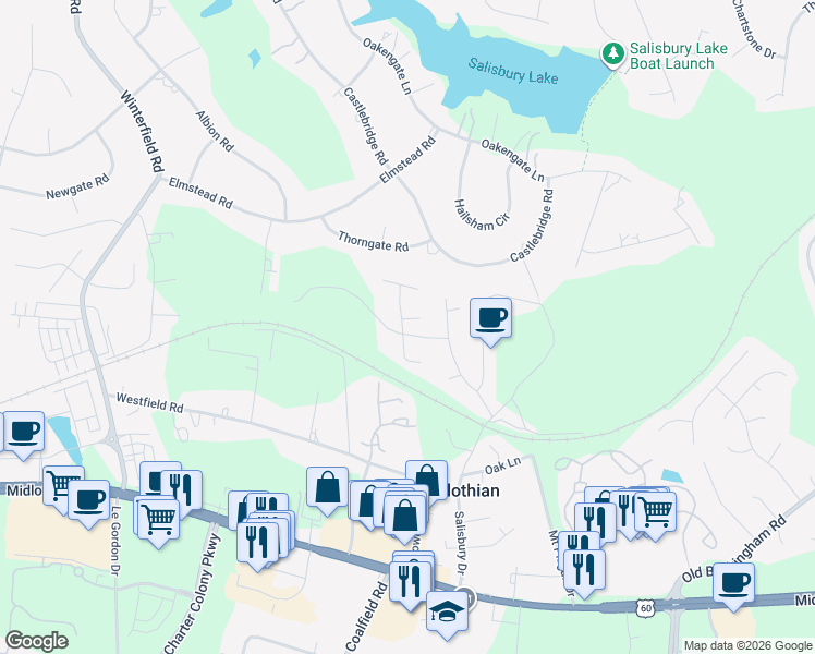 map of restaurants, bars, coffee shops, grocery stores, and more near 13615 Depot Street in Midlothian