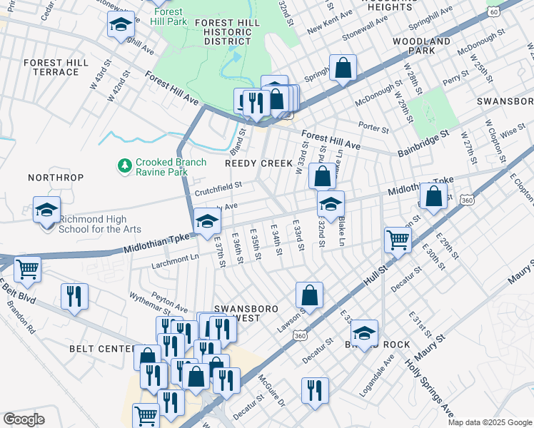 map of restaurants, bars, coffee shops, grocery stores, and more near 3409 Midlothian Turnpike in Richmond