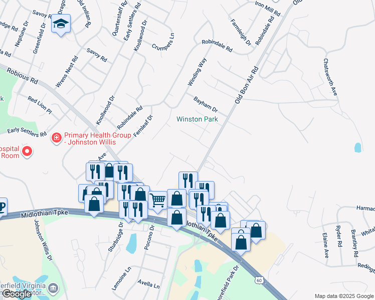 map of restaurants, bars, coffee shops, grocery stores, and more near 1206 Huntersdell Place in Richmond