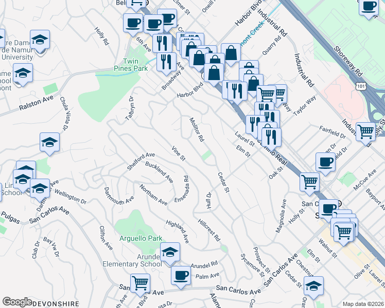 map of restaurants, bars, coffee shops, grocery stores, and more near 1630 Prospect Street in Belmont