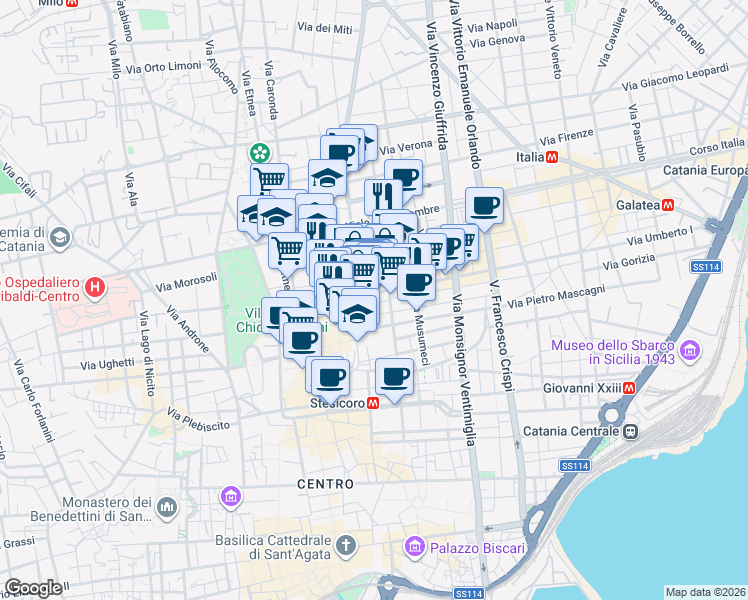map of restaurants, bars, coffee shops, grocery stores, and more near 12 Via Conte Ruggero in Catania