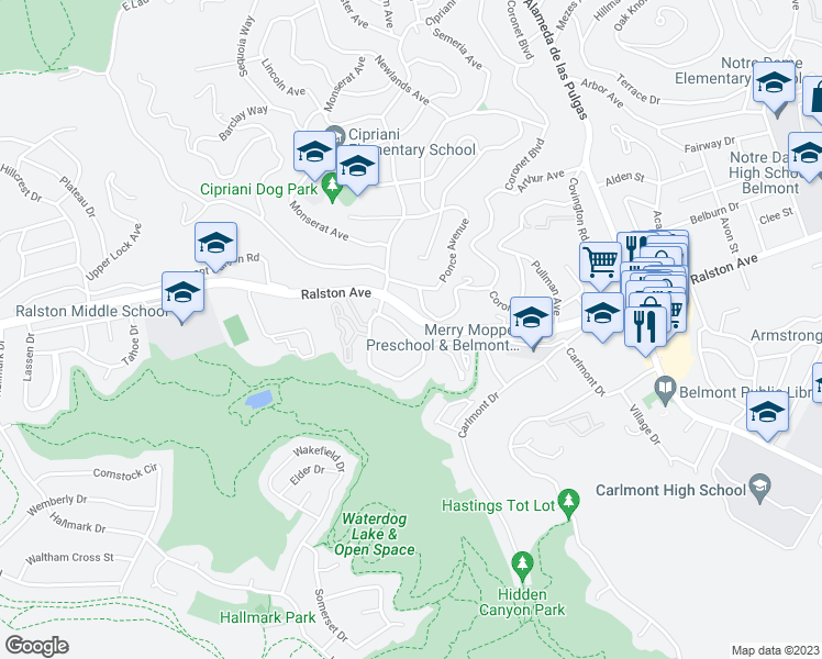 map of restaurants, bars, coffee shops, grocery stores, and more near 1118 Continentals Way in Belmont