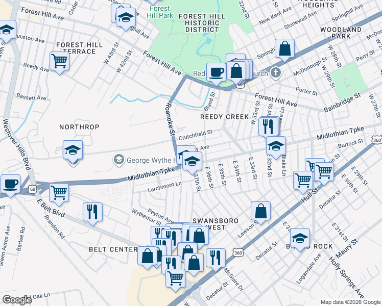 map of restaurants, bars, coffee shops, grocery stores, and more near 3708 Crutchfield Street in Richmond