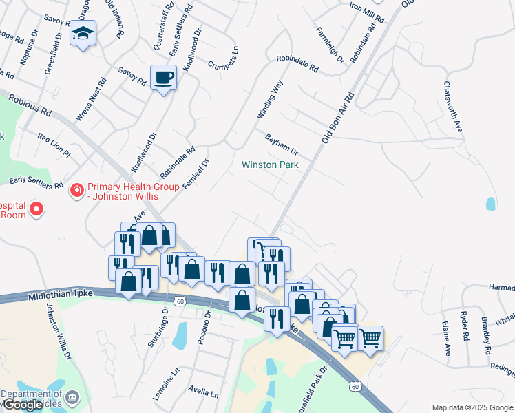 map of restaurants, bars, coffee shops, grocery stores, and more near 1206 Huntersdell Place in Richmond