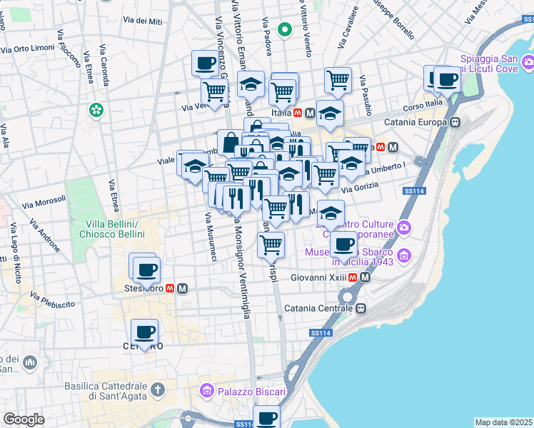 map of restaurants, bars, coffee shops, grocery stores, and more near 114 Via Camillo Finocchiaro Aprile in Catania
