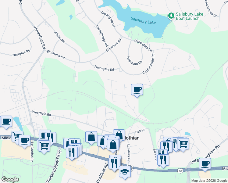 map of restaurants, bars, coffee shops, grocery stores, and more near 13601 Danbury Drive in Midlothian