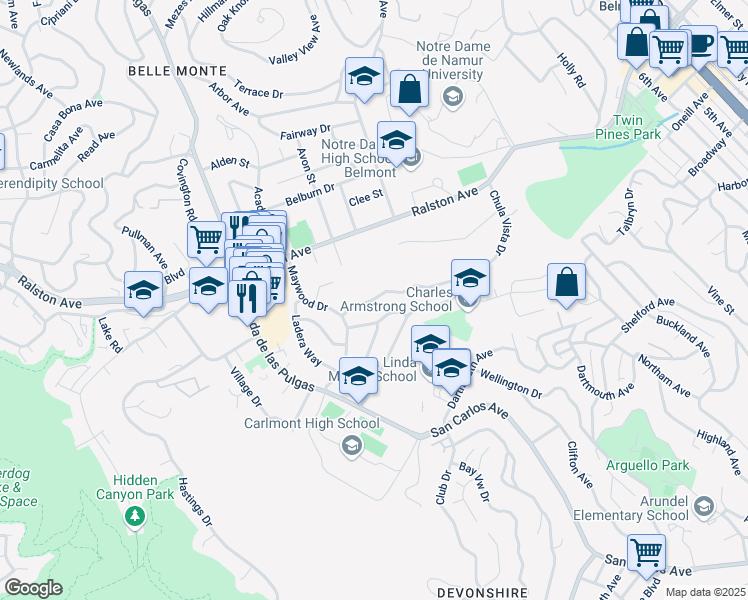 map of restaurants, bars, coffee shops, grocery stores, and more near El Verano Way in Belmont