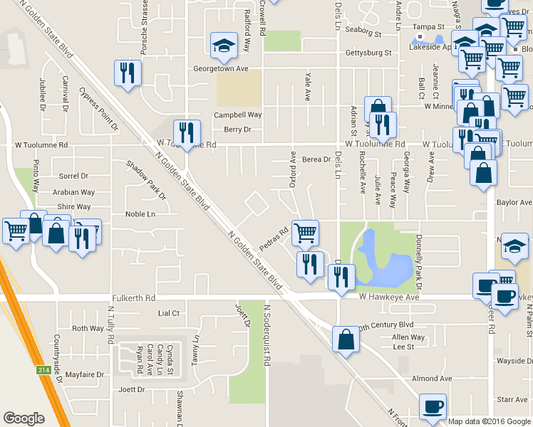 map of restaurants, bars, coffee shops, grocery stores, and more near 1158 Kay Circle in Turlock