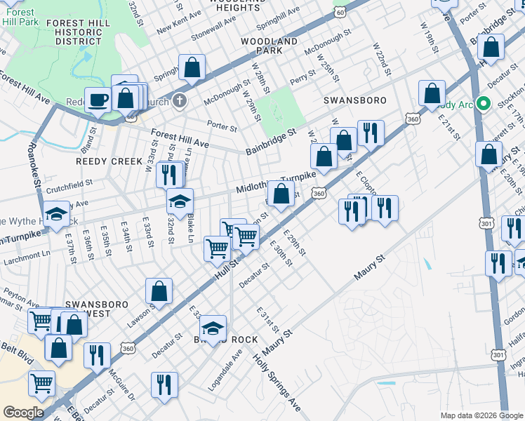 map of restaurants, bars, coffee shops, grocery stores, and more near 8 East 29th Street in Richmond