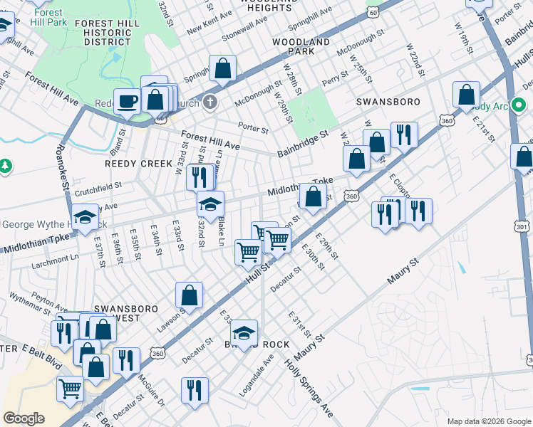 map of restaurants, bars, coffee shops, grocery stores, and more near 3008 Midlothian Turnpike in Richmond
