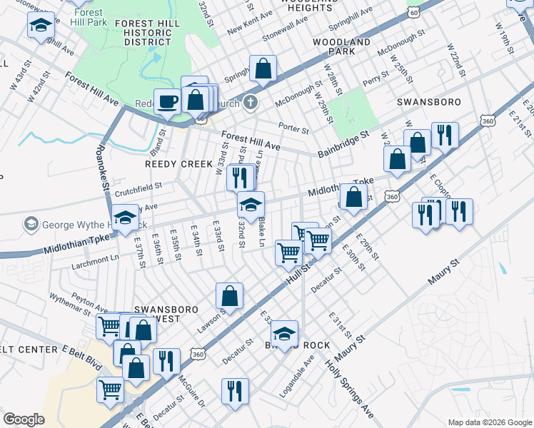 map of restaurants, bars, coffee shops, grocery stores, and more near 3115 Midlothian Turnpike in Richmond