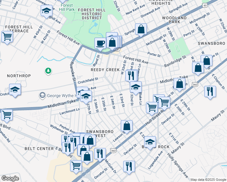 map of restaurants, bars, coffee shops, grocery stores, and more near 16 West 33rd Street in Richmond