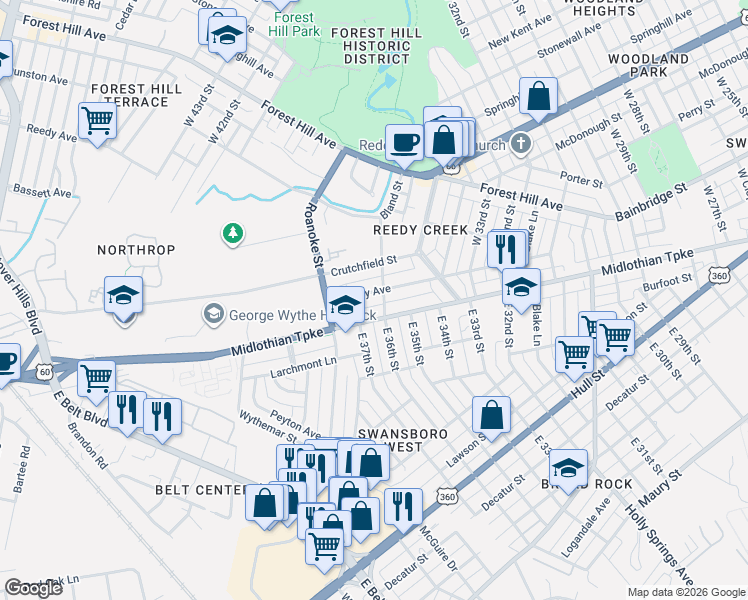 map of restaurants, bars, coffee shops, grocery stores, and more near 3708 Crutchfield Street in Richmond