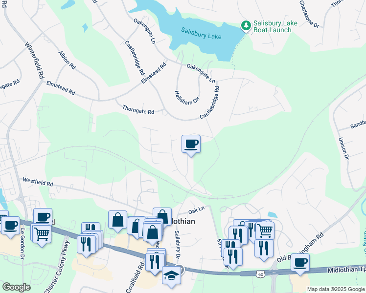 map of restaurants, bars, coffee shops, grocery stores, and more near 1622 Colehollow Drive in Midlothian