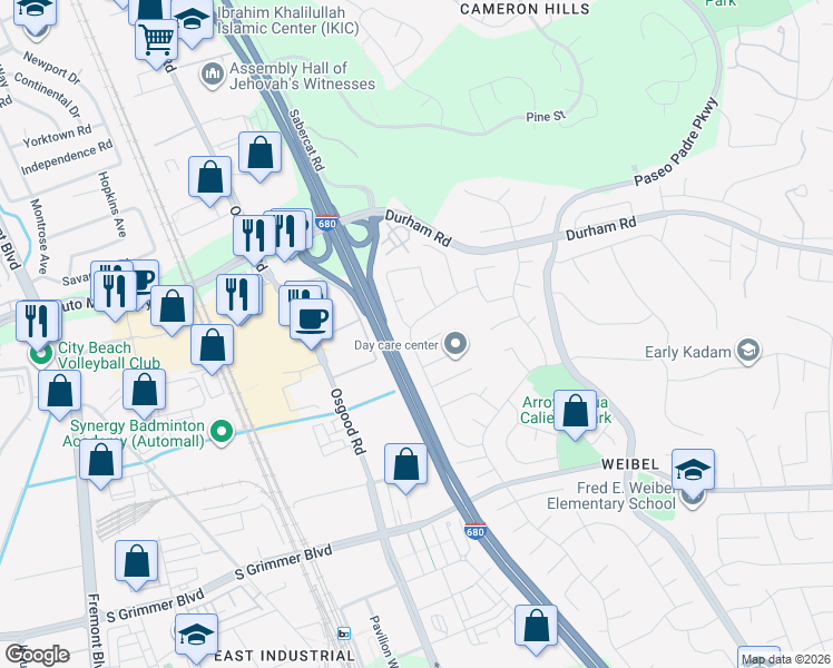 map of restaurants, bars, coffee shops, grocery stores, and more near 44479 Camellia Drive in Fremont
