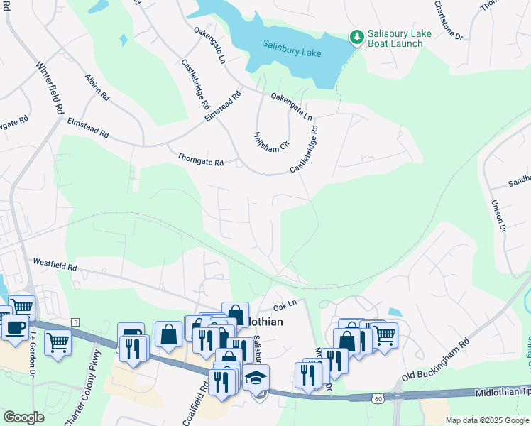 map of restaurants, bars, coffee shops, grocery stores, and more near 1622 Colehollow Drive in Midlothian
