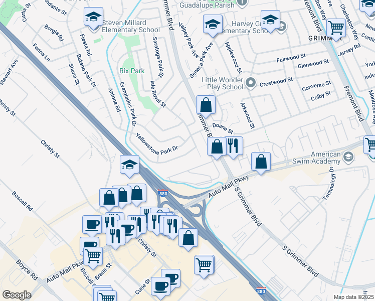 map of restaurants, bars, coffee shops, grocery stores, and more near 4921 Everglades Park Drive in Fremont