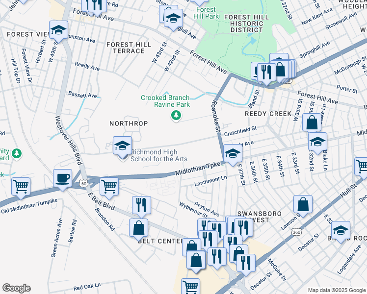 map of restaurants, bars, coffee shops, grocery stores, and more near 4022 Crutchfield Street in Richmond