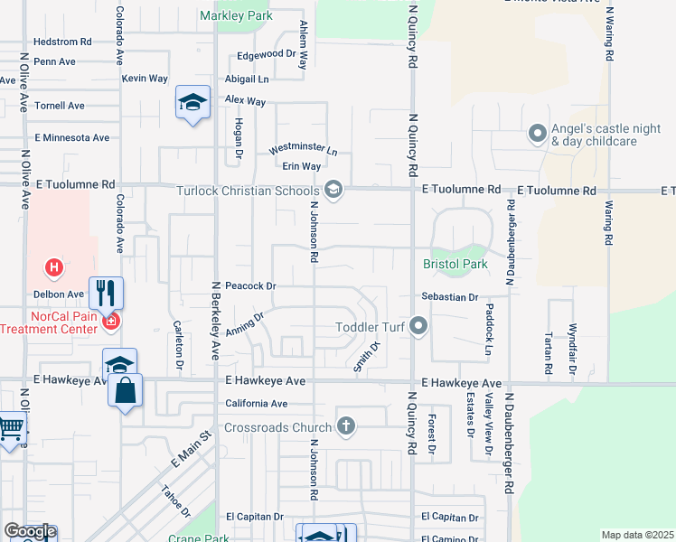 map of restaurants, bars, coffee shops, grocery stores, and more near 2030 Sconyers Court in Turlock