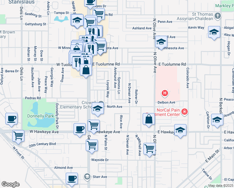 map of restaurants, bars, coffee shops, grocery stores, and more near 1940 Annhurst Avenue in Turlock