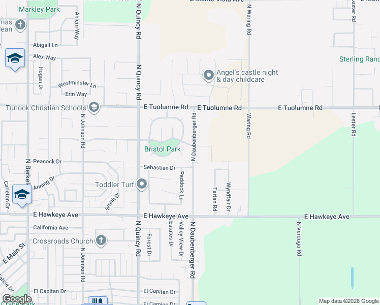 map of restaurants, bars, coffee shops, grocery stores, and more near 2670 Castleview Drive in Turlock