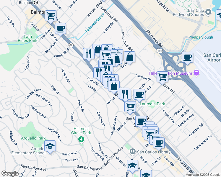 map of restaurants, bars, coffee shops, grocery stores, and more near 251 El Camino Real in San Carlos