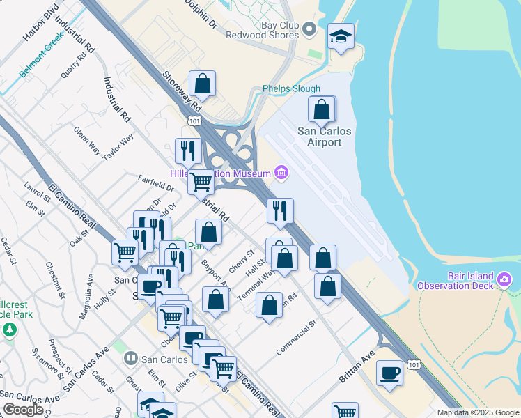 map of restaurants, bars, coffee shops, grocery stores, and more near 810 East San Carlos Avenue in San Carlos