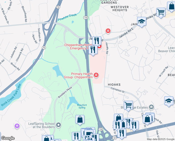 map of restaurants, bars, coffee shops, grocery stores, and more near Chippenham Parkway in Richmond