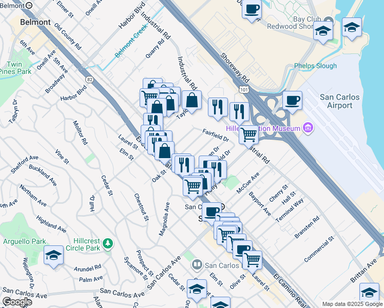 map of restaurants, bars, coffee shops, grocery stores, and more near 1044 Inverness Drive in San Carlos