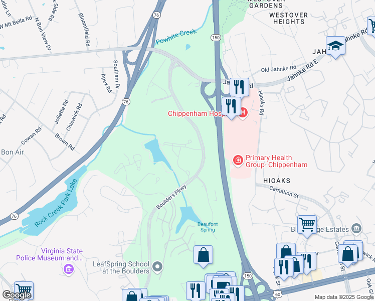 map of restaurants, bars, coffee shops, grocery stores, and more near 7318 Boulder Lake Drive in Chesterfield County
