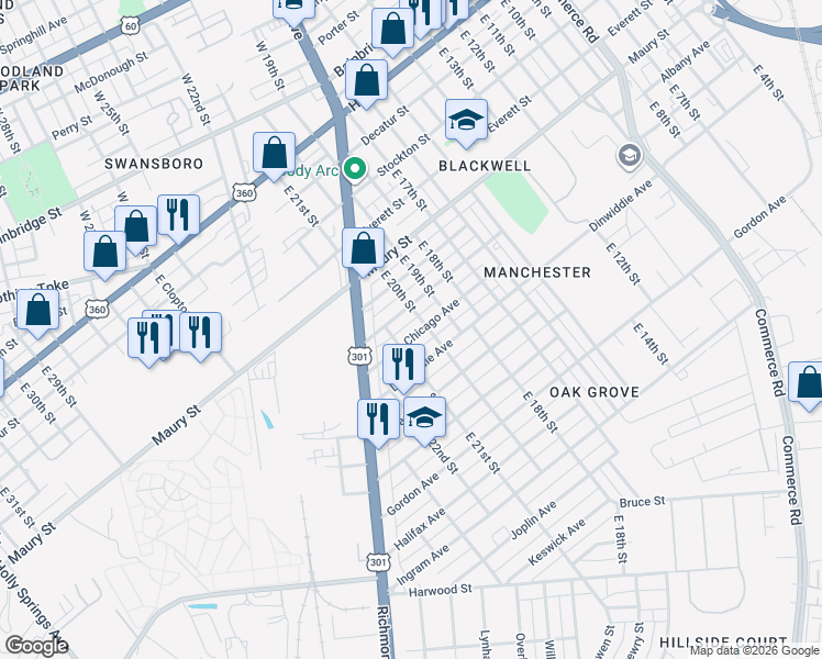 map of restaurants, bars, coffee shops, grocery stores, and more near 2013 Boston Avenue in Richmond