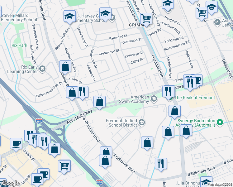 map of restaurants, bars, coffee shops, grocery stores, and more near 4343 Auto Mall Parkway in Fremont