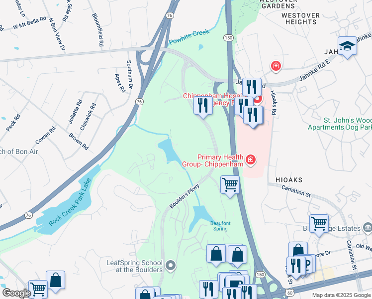 map of restaurants, bars, coffee shops, grocery stores, and more near 900 Boulders Parkway in Richmond