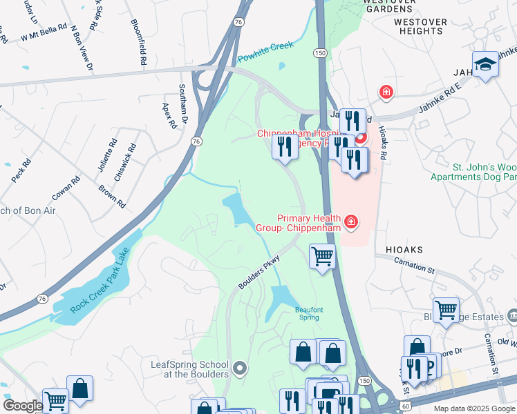 map of restaurants, bars, coffee shops, grocery stores, and more near 900 Boulders Parkway in Richmond