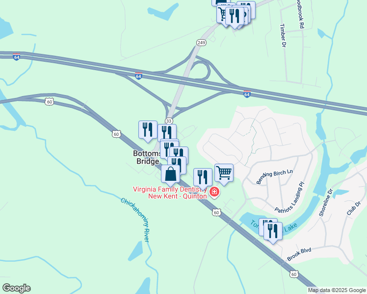map of restaurants, bars, coffee shops, grocery stores, and more near 7551 Cumberland Station Road in Quinton