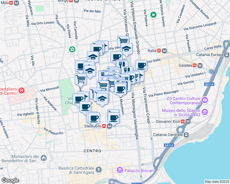 map of restaurants, bars, coffee shops, grocery stores, and more near 6 Via Fiamingo in Catania