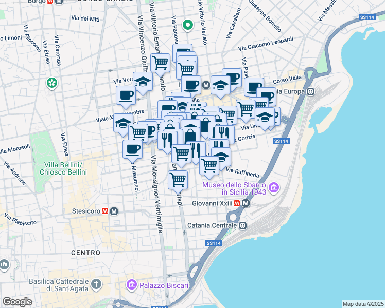 map of restaurants, bars, coffee shops, grocery stores, and more near 168 Via Camillo Finocchiaro Aprile in Catania